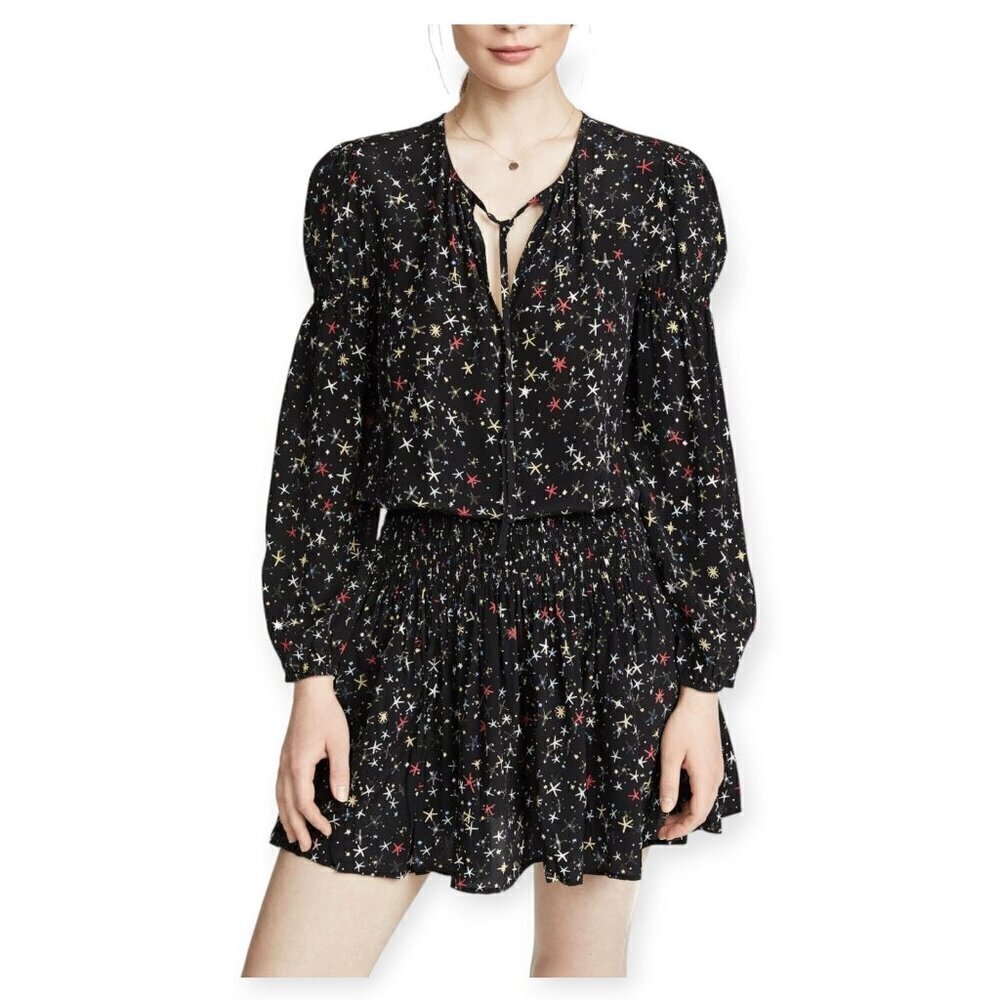 Anine Bing 'Martha' Black Silk Stars Print Dress Size L